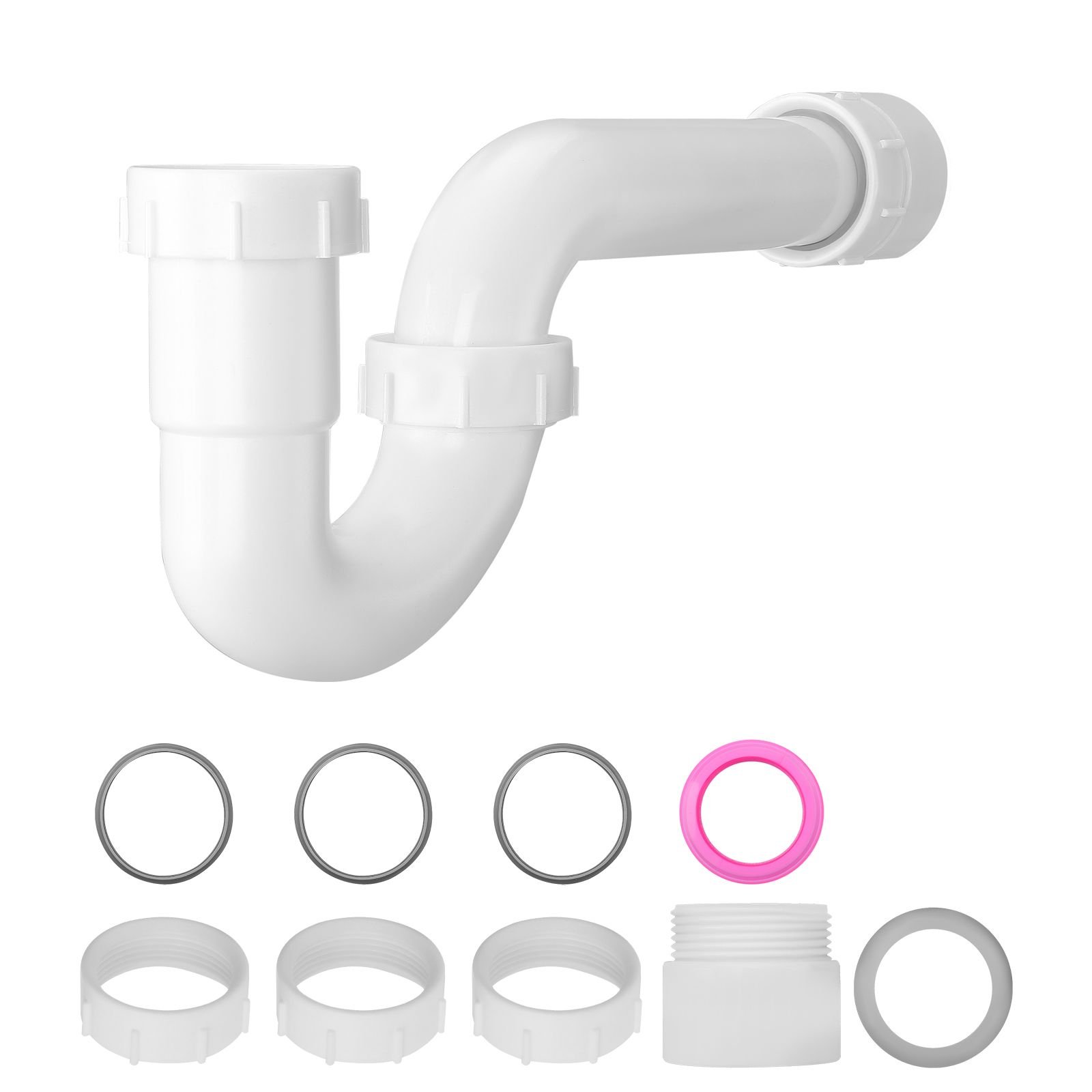 p trap, 1 1/2 inch p trap sink drain pipe kit with threaded adapter and tpu leak resistant washers, pp plastic pipe basin waste kit, under sink plumbing for kitchen bathroom sewer drain, white