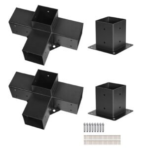 Pergola Bracket Kit, 4x4 Inch (Inner Size 3.5x3.5), 2 Pcs 4-Way Heavy Duty Corner Bracket Woodworks DIY Post Base Kit, Easy Installation Wooden Beams for Gazebos, Patio Pergolas, Log Cabin