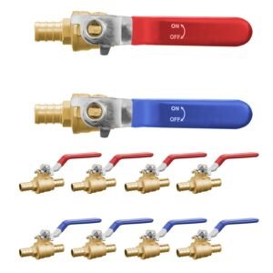 PEX Ball Valve, 10 Pieces, 1/2 in PEX Brass Ball Valve, PEX Full Port Brass Ball Valves, Quarter Turn Hot (Red) Cold (Blue) PEX Full Port Ball Valve, for Kitchen, Hydronic Heating, Bathroom