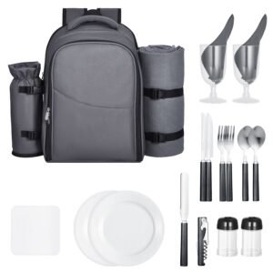 Picnic Backpack, Beach Picnic Backpack Bag for 2 Person with Insulated Cooler Compartment, Detachable Bottle/Wine Holder, Lightweight Blanket, Plates and Cutlery Set for Hiking, Camping, Grey