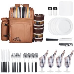 Picnic Backpack, Beach Picnic Backpack Bag for 4 Person with Insulated Cooler Compartment, Detachable Bottle/Wine Holder, Lightweight Blanket, Plates and Cutlery Set for Hiking & Camping, Brown