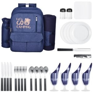 Picnic Backpack, Beach Picnic Backpack Bag for 4 Person with Insulated Cooler Compartment, Detachable Bottle/Wine Holder, Lightweight Blanket, Plates and Cutlery Set for Outdoor, Navy Blue