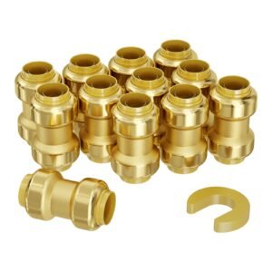 Pipe Fittings, 1/2" 12PCS Brass Pipe Fittings, Straight-Through Push-Fit Pipe Connector Brass Air Fittings, Heavy Duty Plumbing Fittings Adapter for Heating/Shower Systems, Water Pipes
