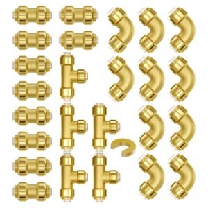 Pipe Fittings, 1/2" 25PCS (10xStraight, 10xElbows, 5xTees) Brass Pipe Fittings, Push-Fit Pipe Connector Brass Air Fittings, Plumbing Fittings Adapter for Heating/Shower Systems, Water Pipes