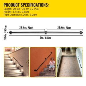 pipe stair handrail 5ft staircase handrail 440lbs load capacity carbon steel pipe handrail industrial pipe handrail with wall mount support round corner wall handrailings for indoor outdoor 1.jpg