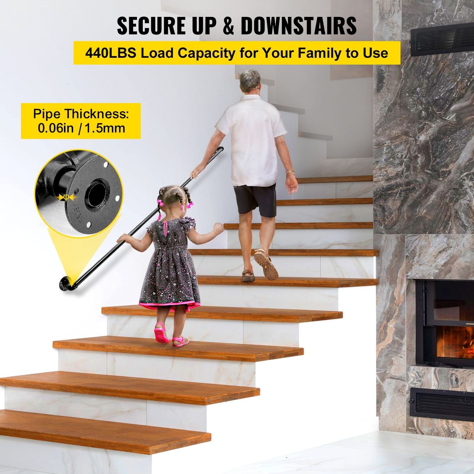 pipe stair handrail 5ft staircase handrail 440lbs load capacity carbon steel pipe handrail industrial pipe handrail with wall mount support round corner wall handrailings for indoor outdoor.jpg