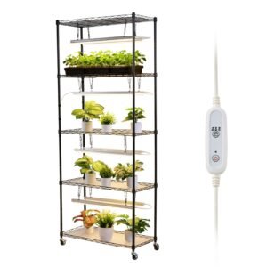 Plant Shelf with Grow Light, 5-Tier Indoor Plant Stand, 71 in Tall Plants Display Rack with Wheels & 4/9/14H Timer, 80W T5 LED Full Spectrum Grow Lights, Flower Pot Holder for Seed Starting