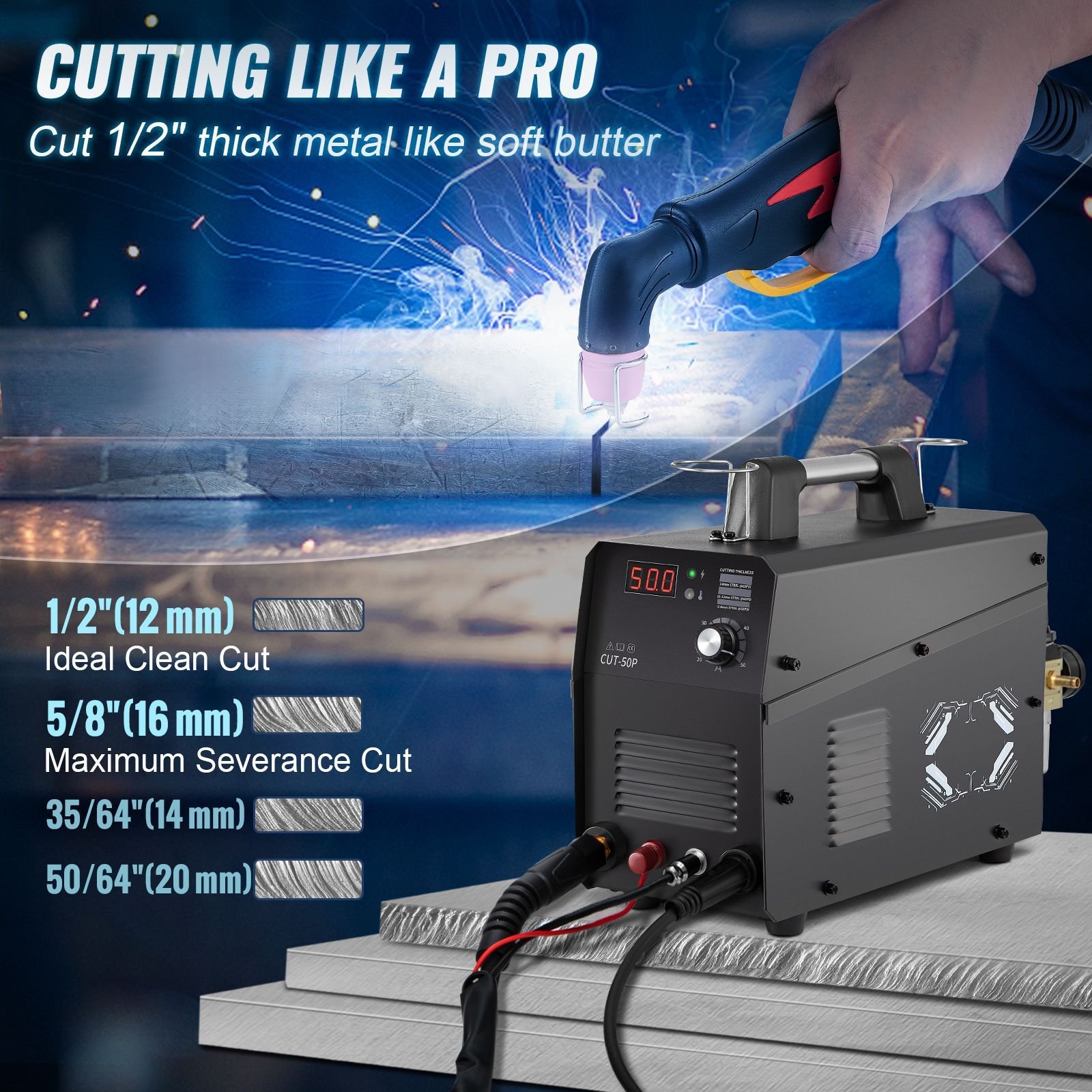 plasma cutter, 50amp, non touch pilot arc air cutting machine with torch, 110v/220v dual voltage ac igbt inverter metal cutting equipment for 1/2" clean cut aluminum and stainless steel