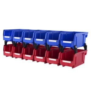 Plastic Storage Bin, (11-Inch x 5-Inch x 5-Inch), Hanging Stackable Storage Organizer Bin, Blue/Red, 12-Pack, Heavy Duty Stacking Containers for Closet, Kitchen, Office, or Pantry Organization