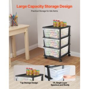 plastic storage drawers cart, 3 drawers storage organizer with wheels, rolling closet organization and storage dividers, dresser organizer clear bins for office supplies, craft rooms, classrooms