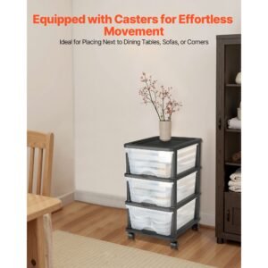 plastic storage drawers cart, 3 drawers storage organizer with wheels, rolling closet organization and storage dividers, dresser organizer clear bins for office supplies, craft rooms, classrooms