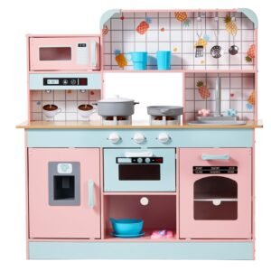 Play Kitchen for Kids, Wooden Toy Kitchen Set with Lights and Sounds, Toddler Kitchen with Ice Maker, Oven, Sink, Microwaves, Fridge and Utensil and Fruit Accessory for Toddlers ages 3-8,Pink