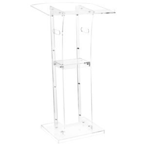 Podium Stand, 43-Inch Acrylic Lectern, Portable Laptop Desk with Wide Reading Surface and Storage Shelf, Book Stopper, Floor-Standing, for Classroom, Wedding, Conference, Lecture and Concert