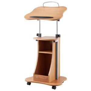 Podium Stand, 43-Inch Wooden Lectern, Portable Laptop Desk with Lockable Wheels, Wide Reading Surface and Open Storage Area, Adjustable Height and Angle, for Speeches, Lectures, or Presentations