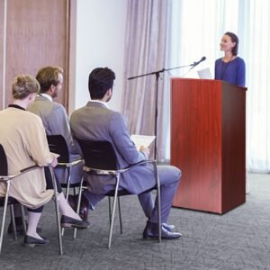podium stand 47 inch hostess stand with 4 rolling wheels wood podium with storage shelves and slant desktop lecterns podiums for home office school church brown 2.jpg