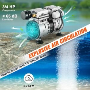 pond aerator, 550w power, 5.2cfm for up to 3 acre 50' lake, pond aeration kit includes 3/4 hp compressor & timer & valves, air compressor for deep water oxygen circulation, for pond, lake