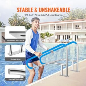 Pool Handrail, 55 x 32 inch Pool Railing, Stainless Steel with Base Plate for Indoor/Outdoor Pools,Swimming Pool Safety Railing for Decks,Rust-Proof Grab Bar w/ Grip Cover&Accessories for Spas