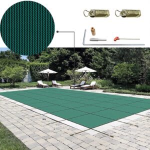 Pool Safety Cover Fits 16x30ft Rectangle Inground Safety Pool Cover Green Mesh Solid Pool Safety Cover for Swimming Pool Winter Safety Cover
