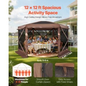 pop up gazebo screen tent 12 x 12 ft large 6 sided camping canopy tent with removable top carry bag quick set bite proof screen house sun shelter for 8 10 persons backyard patio brown 1.jpg