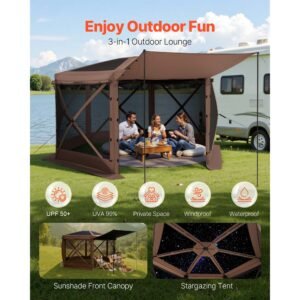 pop up gazebo screen tent 12 x 12 ft large 6 sided camping canopy tent with removable top carry bag quick set bite proof screen house sun shelter for 8 10 persons backyard patio brown 2.jpg
