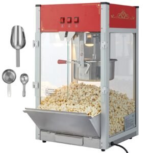 Popcorn Maker, 1440W Popcorn Popper Machine, 12 Oz Kettle Makes 80 Cups per Batch, Countertop Popcorn Maker with Tempered Glass, 3 Stainless Steel Scoops, Movie Theater Style, Red
