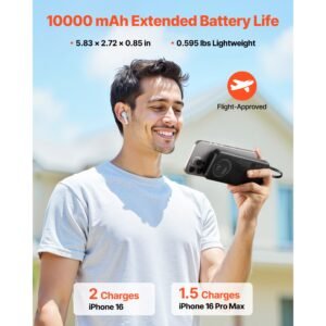 portable charger, with built in cables, 10000 mah travel battery pack, 6 outputs 3 inputs fast charging power bank with usb type c micro b input, smart led display, for iphone, samsung, android