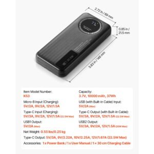 portable charger, with built in cables, 10000 mah travel battery pack, 6 outputs 3 inputs fast charging power bank with usb type c micro b input, smart led display, for iphone, samsung, android