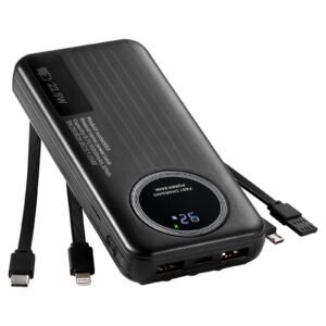 portable charger, with built in cables, 10000 mah travel battery pack, 6 outputs 3 inputs fast charging power bank with usb type c micro b input, smart led display, for iphone, samsung, android