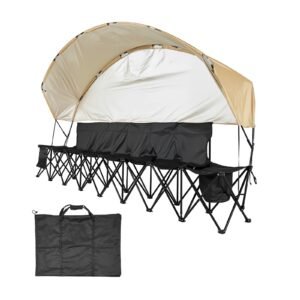 Portable Folding Bench, 6 Seat Soccer Bench with Storage Pockets Cup Holders & Carrying Bag, Lightweight Sideline Seating with Sunshade for Football, Baseball, Camping, Outdoor Events, Black