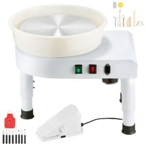 Pottery Wheel, 14 in Ceramic Wheel Forming Machine, 60-300 RPM Adjustable Speed with Foot Pedal Control, Detachable Basin, Adjustable Lift Leg, Complete Accessories for Home Pottery, DIY, White