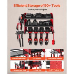 power tool organizer wall mount, 3 layer storage rack with 4 drill holders, tools holder and storage rack with side pegboards, garage tool organizer for garage, workbench, and workshop
