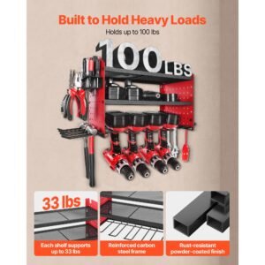 power tool organizer wall mount, 3 layer storage rack with 4 drill holders, tools holder and storage rack with side pegboards, garage tool organizer for garage, workbench, and workshop