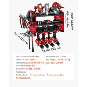power tool organizer wall mount, 3 layer storage rack with 4 drill holders, tools holder and storage rack with side pegboards, garage tool organizer for garage, workbench, and workshop