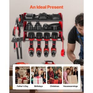 power tool organizer wall mount, 3 layer storage rack with 4 drill holders, tools holder and storage rack with side pegboards, garage tool organizer for garage, workbench, and workshop