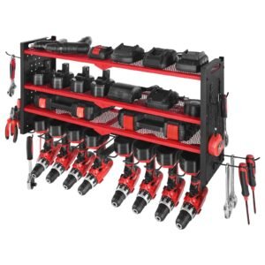 Power Tool Organizer Wall Mount, 4-Layer Storage Rack with 8 Drill Holders, Tools Holder and Storage Rack with Side Pegboards, Garage Tool Organizer for Garage, Workbench, and Workshop