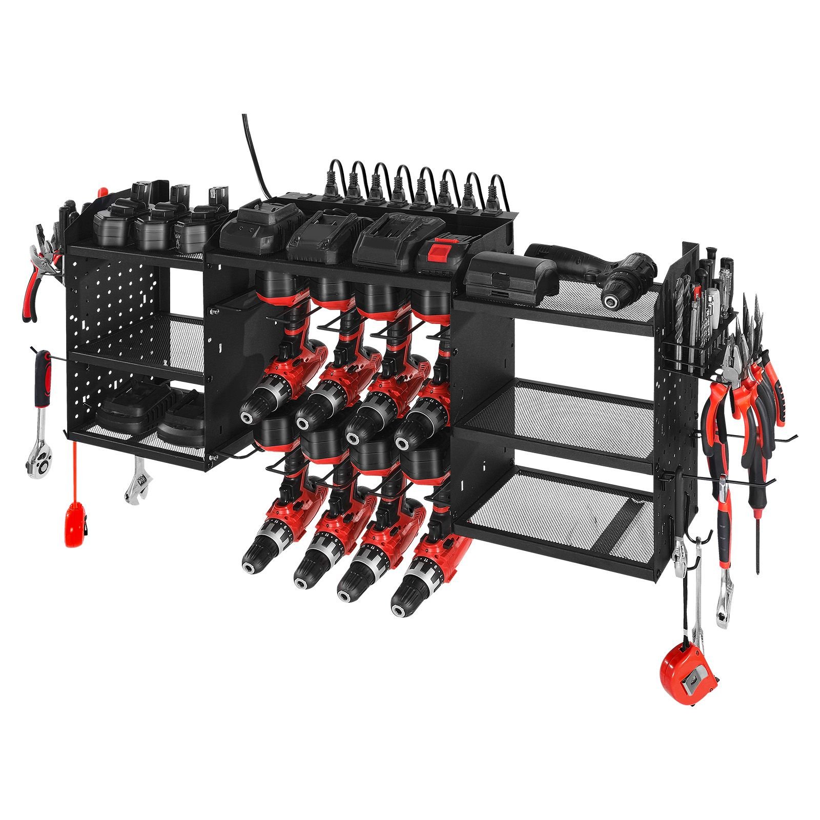 power tool organizer with charging station, 3 layer power tool battery storage rack with 5.58 ft power strip, 8 drill holders & 8 outlets, garage tool organizer for garage, workbench, workshop