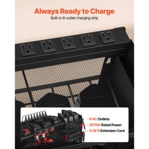 power tool organizer with charging station, 3 layer power tool battery storage rack with 5.58 ft power strip, 8 drill holders & 8 outlets, garage tool organizer for garage, workbench, workshop