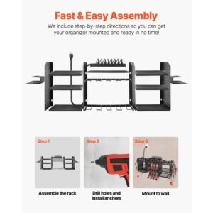 power tool organizer with charging station, 3 layer power tool battery storage rack with 5.58 ft power strip, 8 drill holders & 8 outlets, garage tool organizer for garage, workbench, workshop