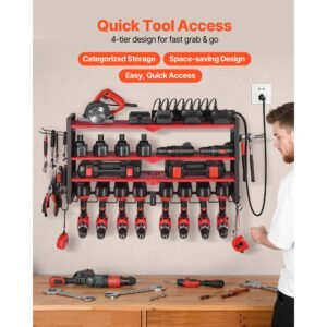 power tool organizer with charging station, 4 layer drill storage rack with 8 drill holders & side pegboard, garage tool organizer built in 8 outlet power strips for garage, workbench, workshop