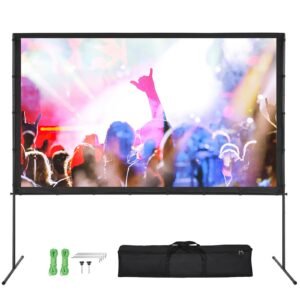 Projector Screen with Stand, 100 inch 16:9 4K 1080 HD Outdoor Movie Screen with Stand, Wrinkle-Free Projection Screen with Bar Feet and Carry Bag, for Home Theater Cinema Backyard Movie Night