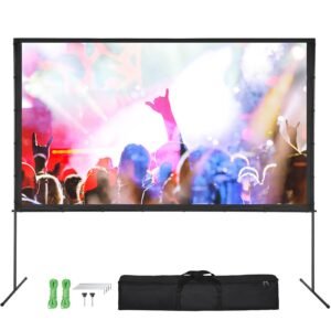 Projector Screen with Stand, 120 inch 16:9 4K 1080 HD Outdoor Movie Screen with Stand, Wrinkle-Free Projection Screen with Bar Feet and Carry Bag, for Home Theater Cinema Backyard Movie Night