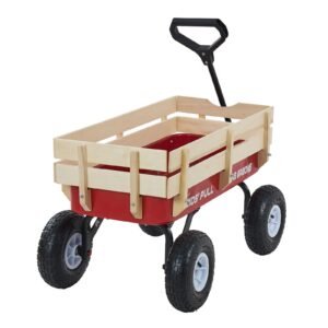 Pull-Along Wagon for Kids, 39 inch Toddler Wagons with Wooden Panels & Handle, Supports up to 330 lbs, All-Terrain Utility Wagon Cart Birthday Present for Kids Gardening Beach, Red