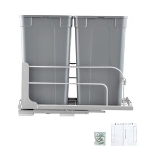 Pull-Out Trash Can, 27 QT x2 Double Under Mount Kitchen Waste Container, Heavy Duty Garbage Recycling Bin with Door Kit and Soft Close Slide, for Kitchen Cabinet, Sink, Under Counter (Grey)