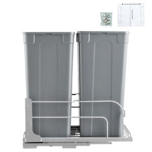 Pull-Out Trash Can, 50 QT x2 Double Under Mount Kitchen Waste Container, Heavy Duty Garbage Recycling Bin with Door Kit and Soft Close Slide, for Kitchen Cabinet, Sink, Under Counter (Grey)
