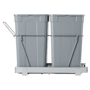 Pullout Trash Can for Kitchen Cabinets, 27QTx2 Double Under Sink Garbage Waste Recycling Bin, Under Mount Waste Container, with Heavy Duty Metal Full Extension Sliding System and Handle