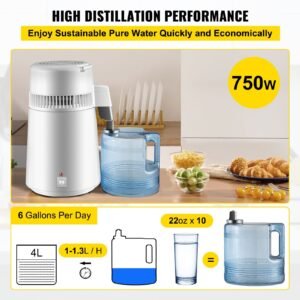 pure water distiller 750w, purifier filter fully upgraded with handle 1.1 gal /4l, bpa free container, perfect for home use, white