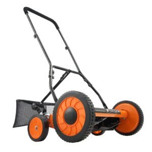 Push Reel Lawn Mower 18 inch, 5 Blades Manual Push Mower No Motor, 1.37-2.44 in Adjustable Cutting Height, Walk-Behind Lawn Mowers with Grass Catcher Bag for Green Lawns, Driveways, Courtyards