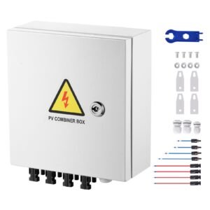 PV Combiner Box, 4 String, Solar Combiner Box with 15A Rated Current Fuse 63A Circuit Breaker Lightning Arrester and Solar Connector, Steel Case for On / Off Grid Solar Panel System, IP65