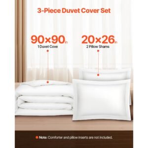 queen duvet cover set, 100% cotton, 3 pieces bedding set queen size with 1 duvet cover 90 x 90 in and 2 pillow shams 20 x 26 in, soft breathable, double zipper closure, for home bedding, white