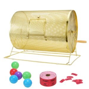 Raffle Drum,Holds 10000 Tickets or 300 Ping Pong Balls, Metal Lottery Spinning Drawing with Wooden Turning Handle, 14.8 x Ø21.26 inch Brass Plated Raffle Ticket Spinning Cage, for Bingo Ballot